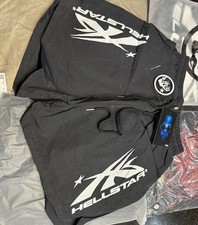 Hellstar Mens Black Mesh Sweat Shorts Logo Po...