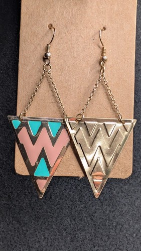 Fashion Statement Chevron Pink Blue Triangle Dangly Drop  Earrings - Picture 4 of 8