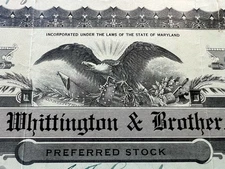 1928 R.L. Whittington & Brother Inc Stock Certificate Baltimore Maryland