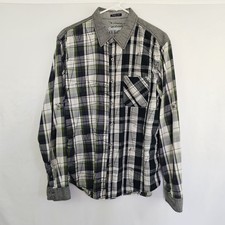 Desigual Men's Shirt Plaid with Textured Squiggly Lines Green Gray White Large