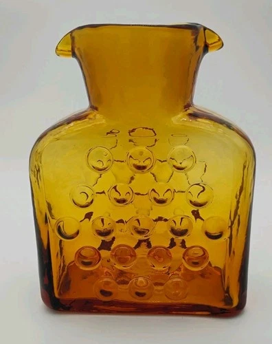 Blenko 384 Jonquil Amber Hobnail Bubble Glass Double Spout Water Pitcher