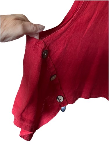 Sarah Santos S20-22 Red 100% Linen Tabard Top Longer Trimmed Side Panels 24-33”L - Picture 4 of 11