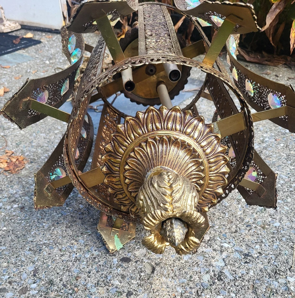 VTG MCM Regency Brass Filigree  Hanging Swag Light Chandelier AB Crystals - Image 2 of 4