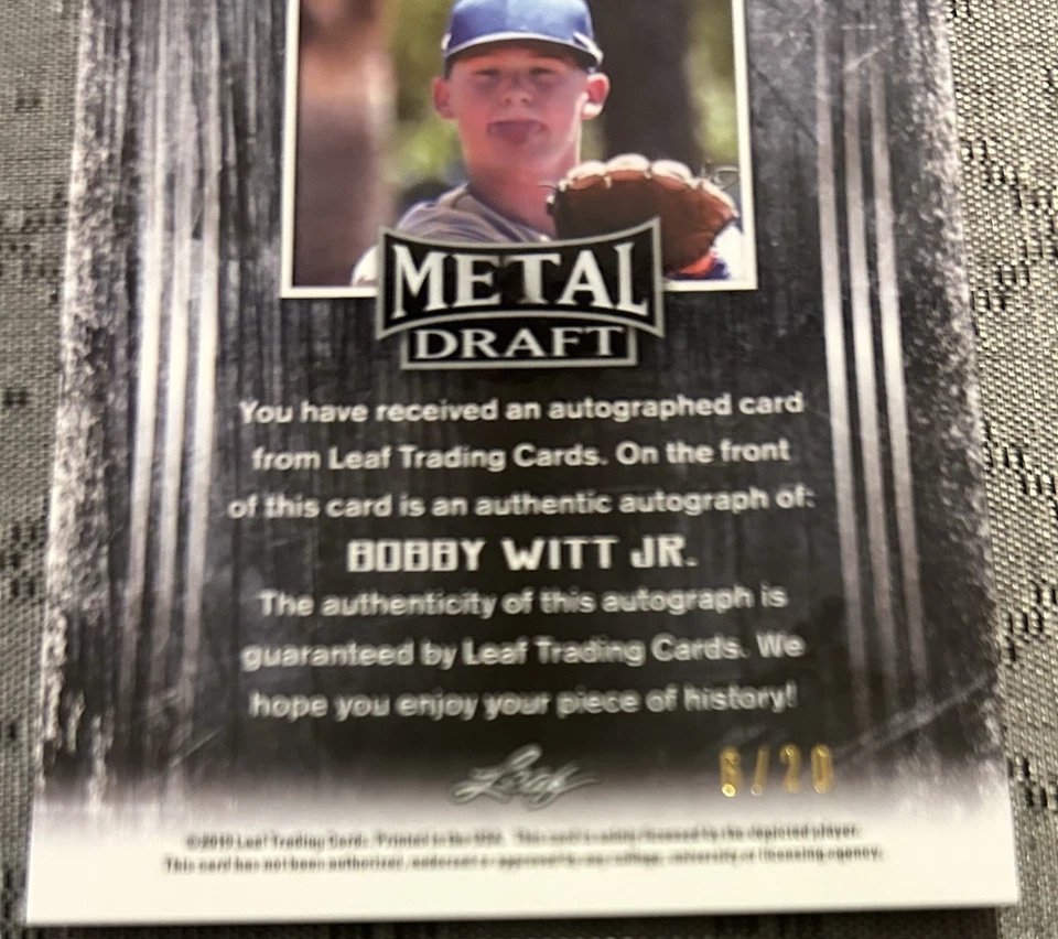 2019 Leaf Metal Draft Bobby Witt Jr. Top Picks RC AUTO Pink 6/20 ROOKIE Royals - Image 3 of 3