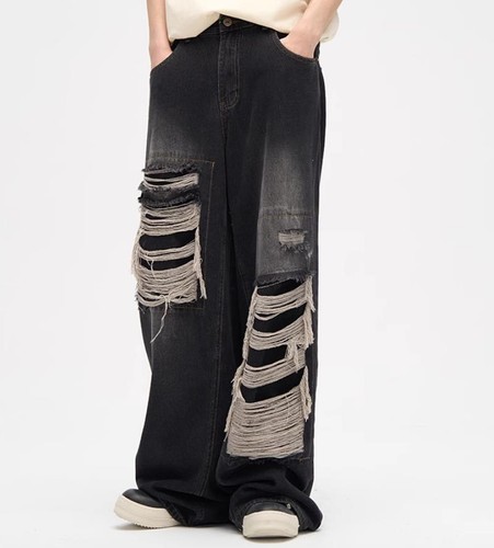 Men's Blue Black Denim Jeans Straight Leg Ripped Holes Pants Punk Hip Hop Casual - Bild 6 von 14
