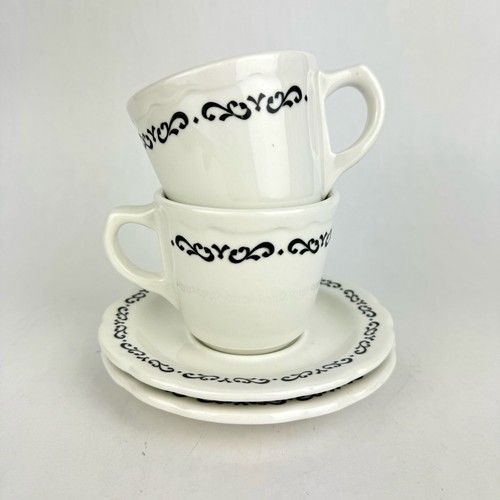 Vtg Buffalo China Restaurant Ware Black Scroll Coffee Mug Saucer Set of 2 - 第 1/14 張圖片