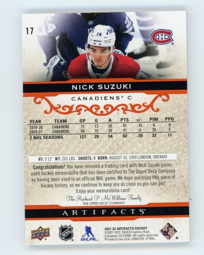2021-22 Upper Deck Artifacts Nick Suzuki Dual Fight Straps #ed 1/15 Canadiens - Picture 2 of 2