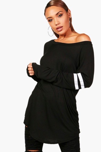 Womens Oversized Baseball Stripe Curved Hem Dress Long Sleeve Sporty T Shirt Top - Picture 20 of 45