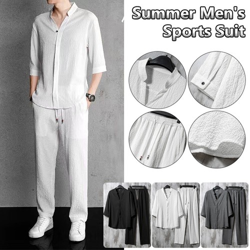 2Pc Summer Men's Cotton Linen Walking Suit Short Sleeve Casual Shirt & Pants Set - Picture 1 of 21