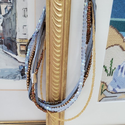 Chico's 7-Strand Brown Blue Gray Leather & Beads 16" Necklace w 4" Extender - Picture 23 of 24