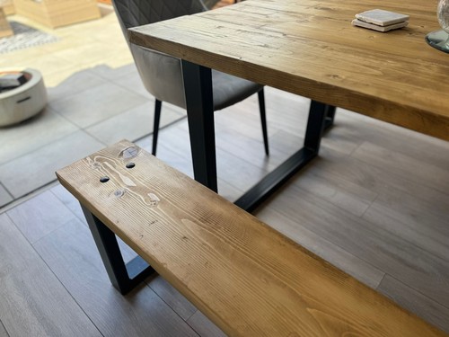 Rustic, Scaffold board wooden dining table and benches with steel square legs - Picture 6 of 8