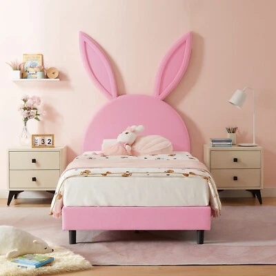VECELO Kids Twin Size Bed Frame with Headboard Velvet Upholstered Rabbit Platform Bed