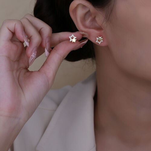 Shiny 925 Sterling Silver Double Star CZ Gemstone Stud Earrings Women Girl Gift - Picture 6 of 12