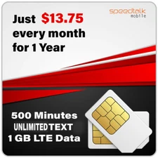 SpeedTalk 1 Year Phone SIM Card Monthly Unlimited Text 500 Minutes 1GB Data Plan