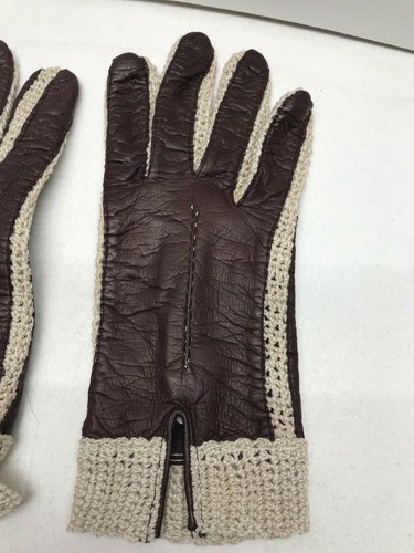 Damen Madova braun Leder Netz Strick Häkel Akzent Handschuhe Firenze Italien - Bild 5 von 10