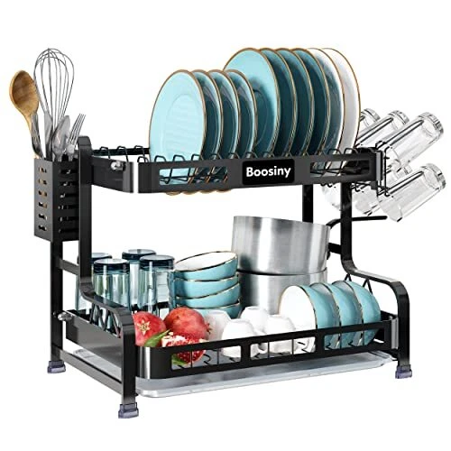 BOOSINY Dish Drying Rack for Kitchen Counter 2 Tier Large Dish Drainers with