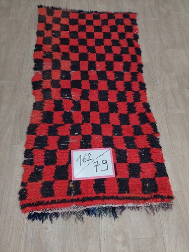 Moroccan Handmade Vintage Runner Rug Checkered Red Black Berber Wool Boujad Rug - Picture 5 of 9