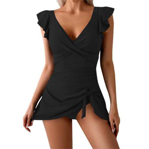 Women OnePiece Swimdress Tummy Control Ruffle Swimsuit V Neck Bathing Suit Skirt - Picture 3 of 63