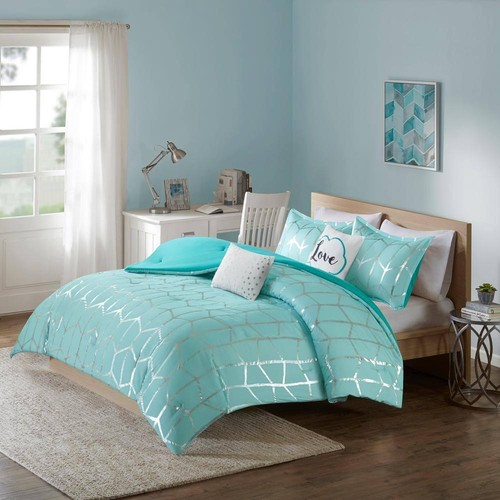 Intelligent Design Comforters King/Cal King Geometric Microfiber Aqua/Silver - Picture 5 of 11