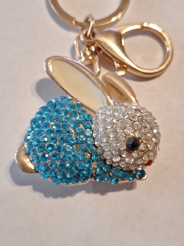 Funkelnder Schlüsselanhänger Ring Geldbeutelanhänger blau Hase Kaninchen Kristalle Strass NEU - Bild 2 von 3