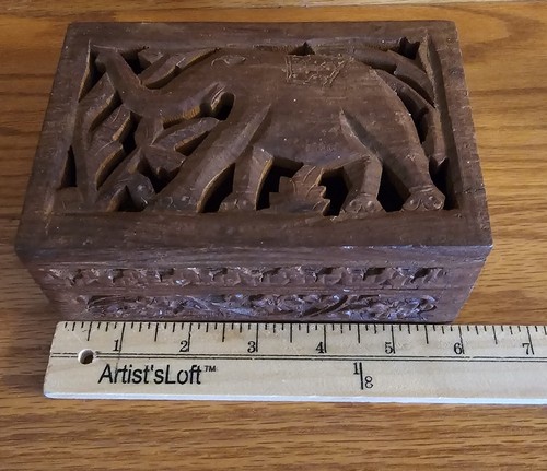 Dekorative handgeschnitzte Elefant Holz Schmuckschatulle Indien aufklappbar 6x4x2,5" - Bild 14 von 16