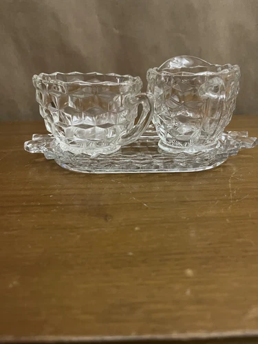 Vintage Fostoria American Pattern 3 Piece Cream and Sugar Set with glass Tray