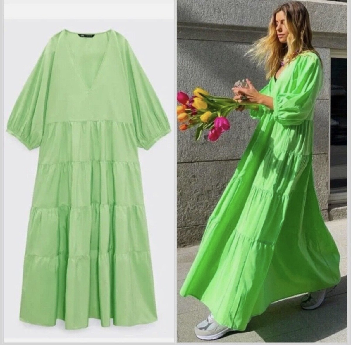 ZARA Tiered Poplin NEON LIME GREEN & COTTON CANDY PINK