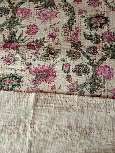 Cotton Queen Size Kantha Quilt Handmade Matching Bedspread Bedcover For Bedroom - Picture 2 of 2