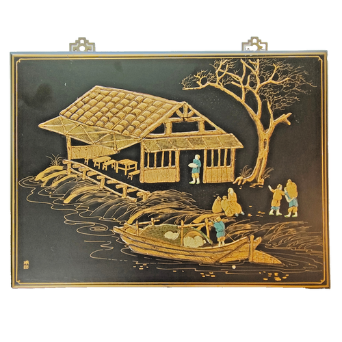 Vintage traditionelles asiatisches Wandbild schwarz Lack bemalt goldfarben vergoldet 24x18