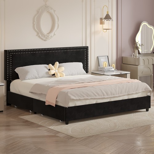 Bed Frame with 4 Storage Drawers Full Queen Size Wood Platform Velvet Headboard - Picture 42 of 64