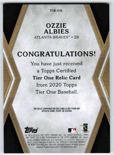 2020 Topps Tier One Ozzie Albies Braves Jersey #375/395 (ref 90222) - Picture 2 of 2