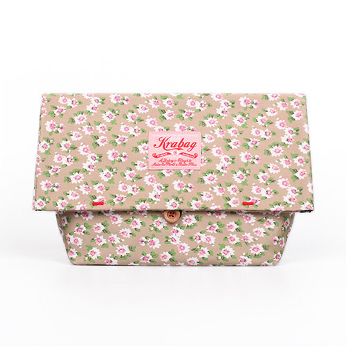Kravitz Krabag Cotton Eco Zipper Clutch Bag Flower Pattern Tan White CH2-5811 - Picture 1 of 5