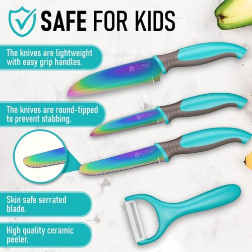 5 Piece Kids Cooking Set - Knives, Peeler, Serrated Knife and Holder in Aqua - Picture 2 of 7