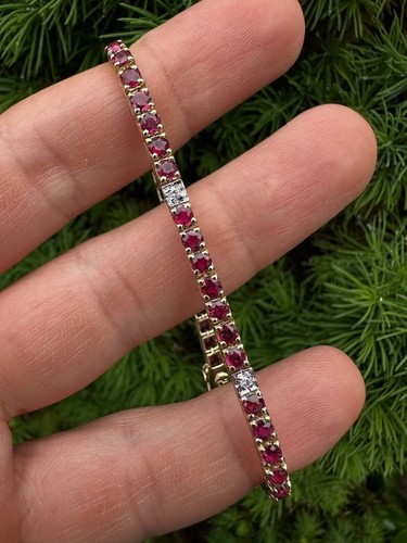 10Ct Round Cut Natural Red Ruby & Diamond Tennis Bracelet 14K Real Yellow Gold