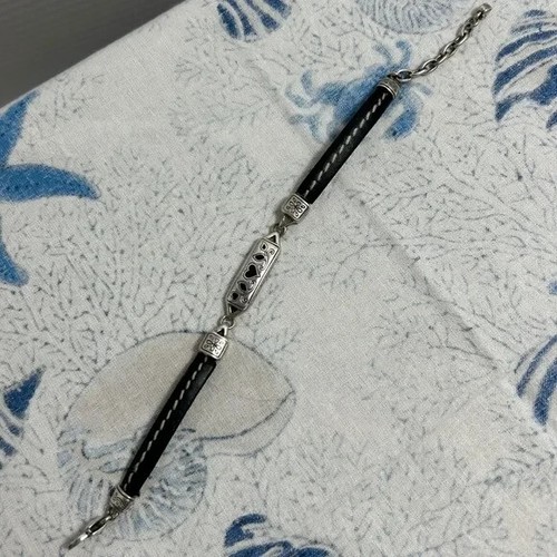 Brighton Black Leather Bracelet Silver Plated Etched Heart Leaf Design Thin 8.5" - Picture 10 of 10