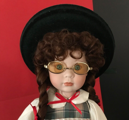 Vintage Adorable Schoolgirl Porcelain Doll w/Eyeglasses 16 1/4” w/ Wooden Stand - Picture 13 of 14
