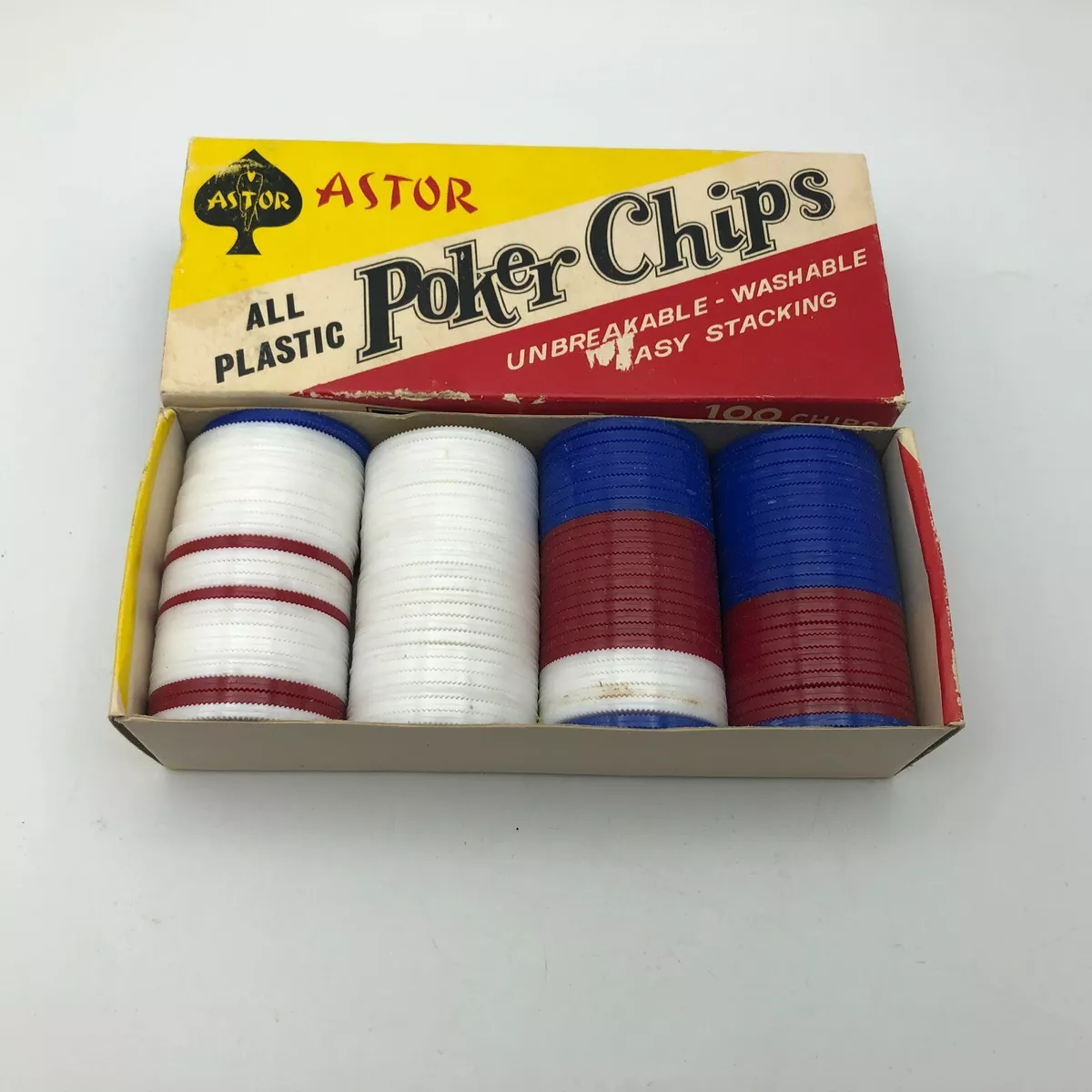 Vtg Astor Red White Blue Poker Chips Box Of 100 Plastic Orig Box Vtg Astor Red White Blue Poker Chips Box Of 100 Plastic Orig Box