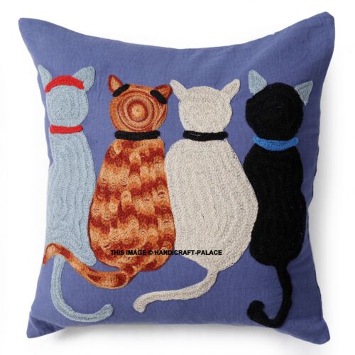 16" Suzani Cotton Cushion Cover Four Cat Embroidery Indian Decor Tribal Pillow - Picture 2 of 3