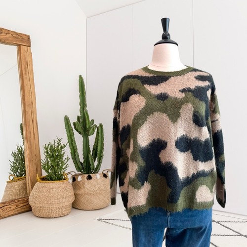 She + Sky Women's One Size Fuzzy Camouflage Oversized Knit Sweater Green Beige - Picture 2 of 12