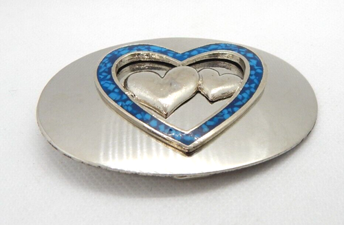 Vintage Ladies Metal Heart Belt Buckle Inlaid Blue Country Western Hippy Trucker - Picture 3 of 11