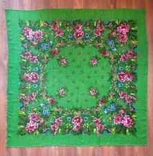 Traditional Ukrainian Green Lurex Scarf Shawl with Large Pink Flowers 51"x51"