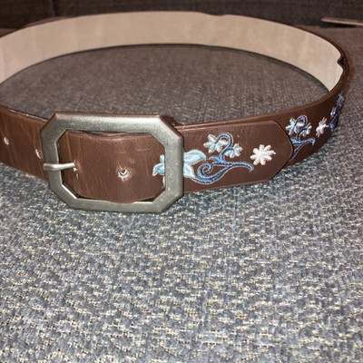 Belt Flower Brown Leather 34 Blue White Embroidery Easter  display picture 2