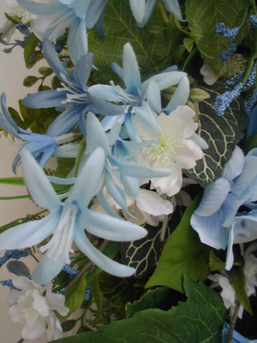 Light blue dahlia berries spring summer door wreath artificial floral large 26" - Picture 9 of 16