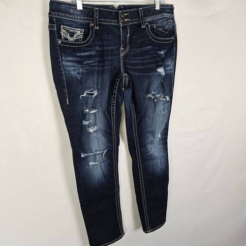 Vigoss The Chelsea Boyfriend Jeans Women's 16 Blue Dark Wash Distressed - Picture 18 of 21