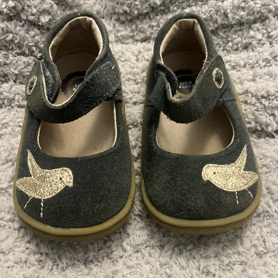 Livie And Luca Niñas Talla 6 Gris Gamuza Zapatos Pio Pio Dorado Pájaro Mary Jane Usados en Excelente Condición Foto 2 de 4
