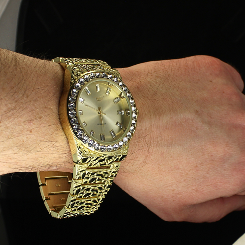 Men's Iced Bezel 44mm Nugget Techno Pave Hip Hop CZ Gold Plated Metal Band Watch - Picture 7 of 10