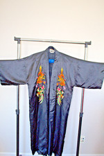 Vintage Black Asian Kimono Robe Embroidered Dragons,Bird,Flowers 100 Pure Silk