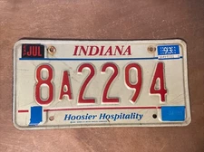 1993 Indiana License Plate Hoosier Hospitality # 8 A 2294 Carroll County