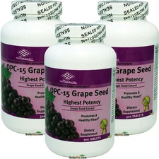 3 x NuHealth OPC-15 Grape Seed Extract 100 mg 300 Tabs Antioxidant