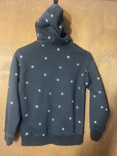 CHAMPION Hoodie Black Size Large All Over Print Kids Unisex - Picture 2 of 3